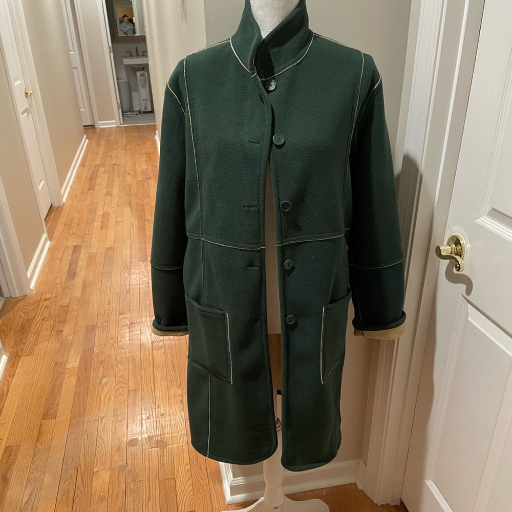 NWOT Green & Tan Reversible Susan Graver Long Coat Size Small